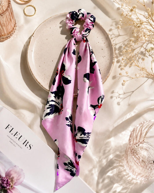 BlissSilk mulberry silk scrunchie scarf in pink floral print