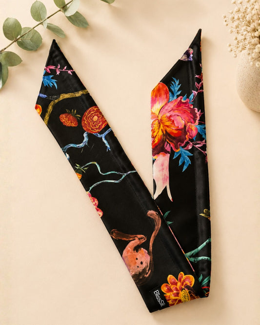 BlissSilk wired mulberry silk headband in Secret Garden print, flat lay