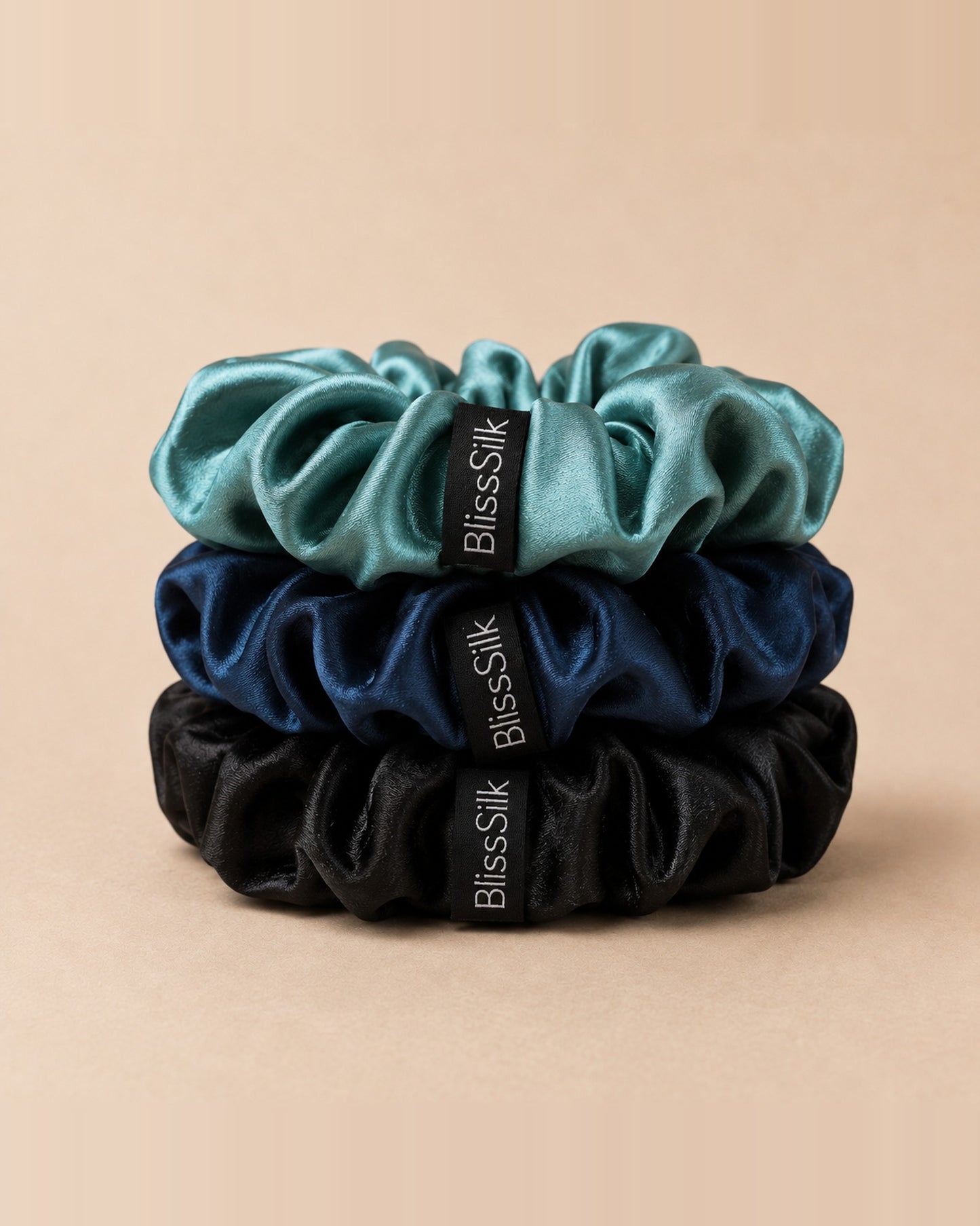 Silk Large Scrunchies Three Pack in Teal/Royal/Black — BlissSilk