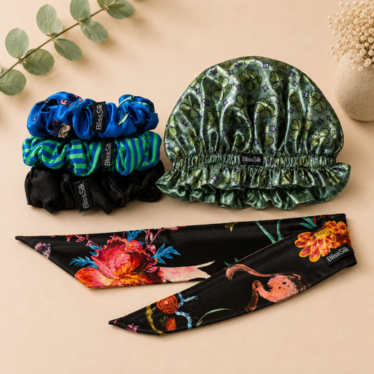 BlissSilk mulberry silk hair accessories including bonnet, headband and scrunchies