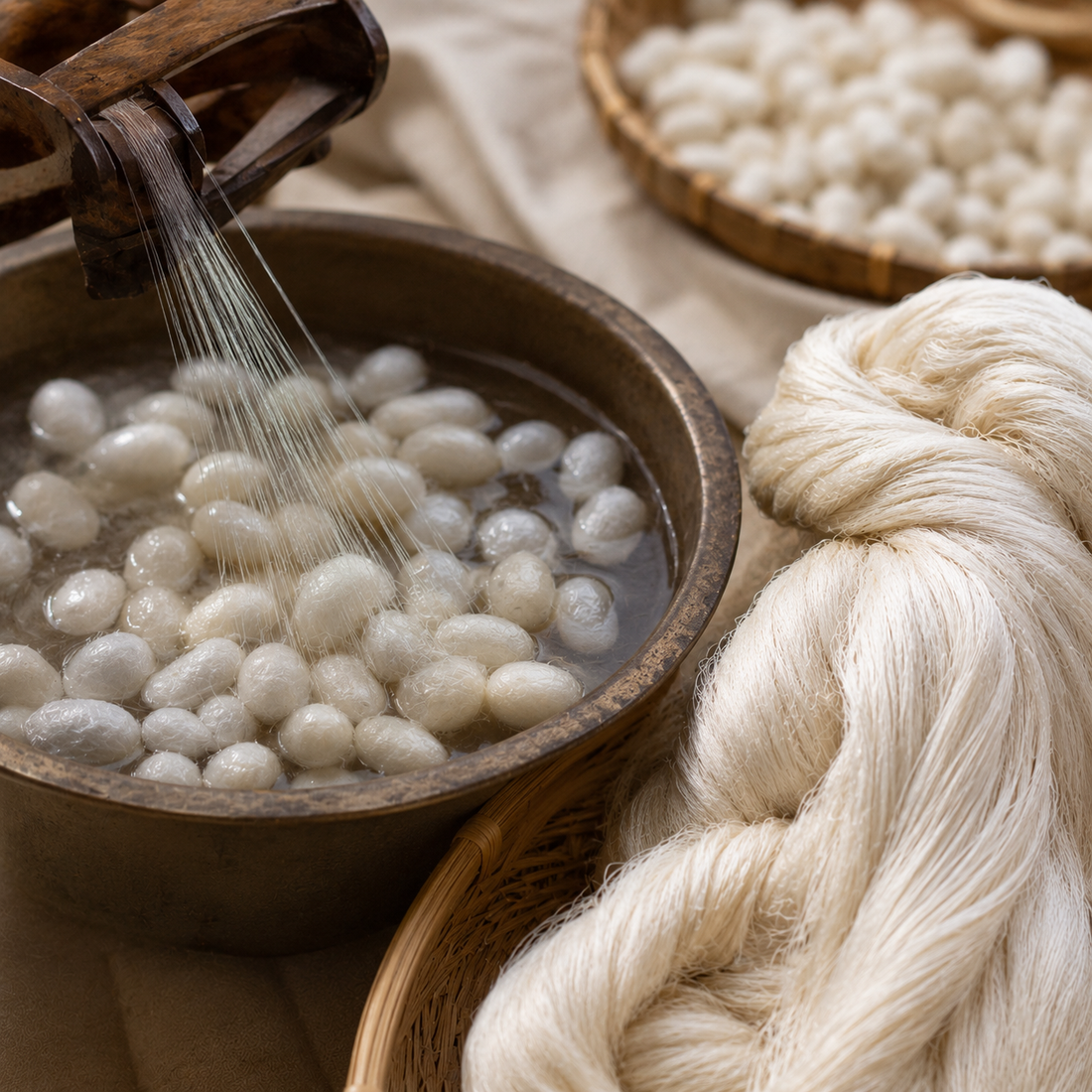 Silk fibres being woven into smooth mulberry silk fabric