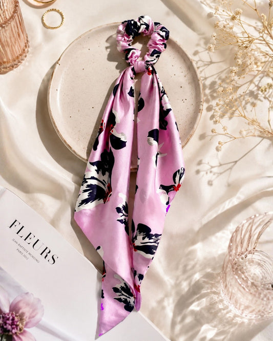 Pink floral mulberry silk scrunchie scarf with trailing scarf detail — BlissSilk