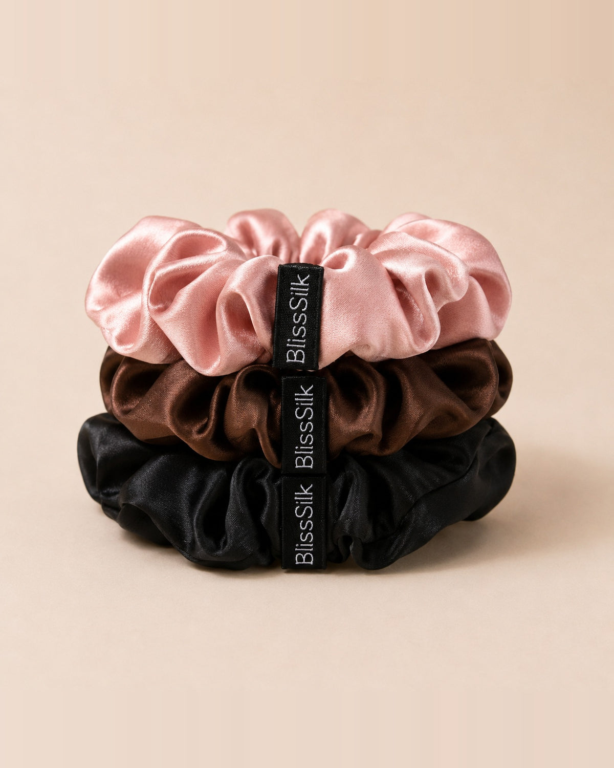 Silk Large Scrunchies Three Pack in Black/Brown/Pink — BlissSilk