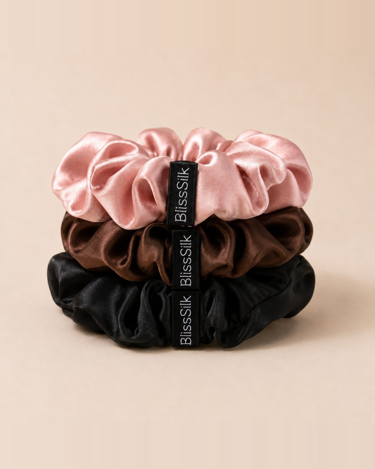 Silk Large Scrunchies Three Pack in Black/Brown/Pink — BlissSilk