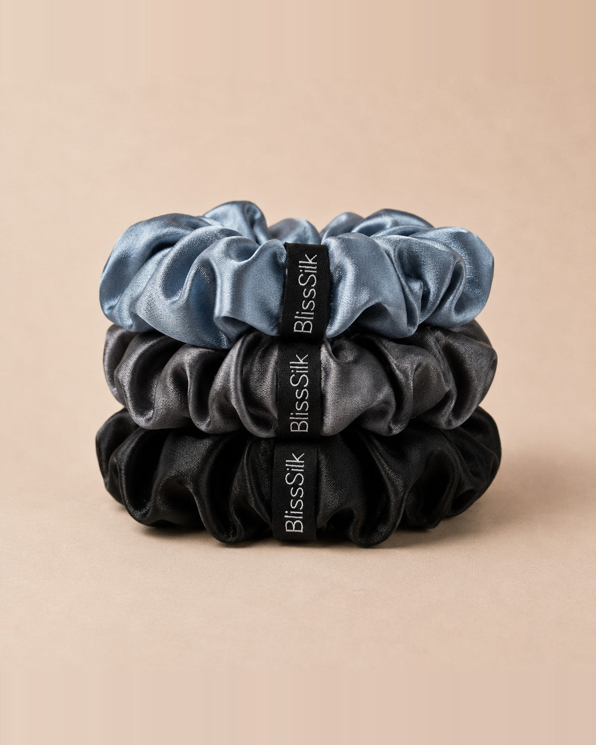 Silk Large Scrunchies Three Pack in Black/Grey/Blue — BlissSilk