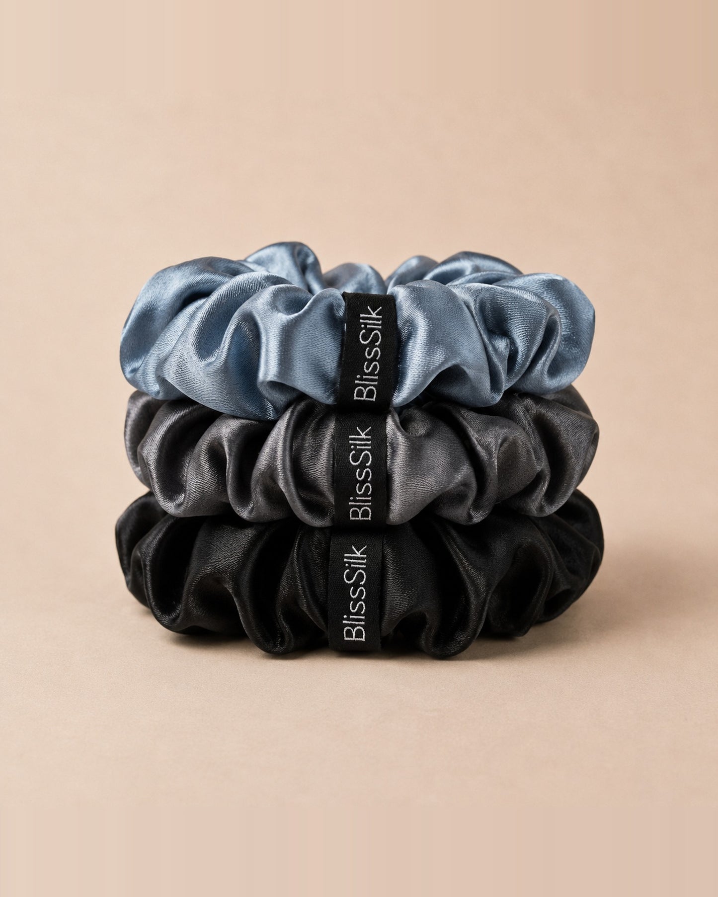Silk Large Scrunchies Three Pack in Black/Grey/Blue — BlissSilk