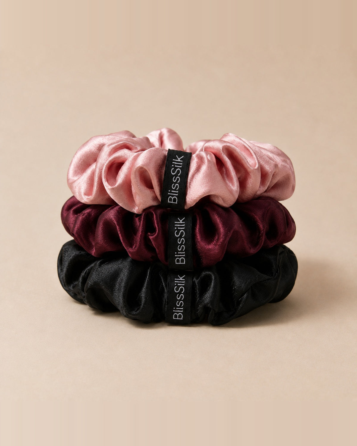 Silk Large Scrunchies Three Pack in Black/Wine/Pink — BlissSilk