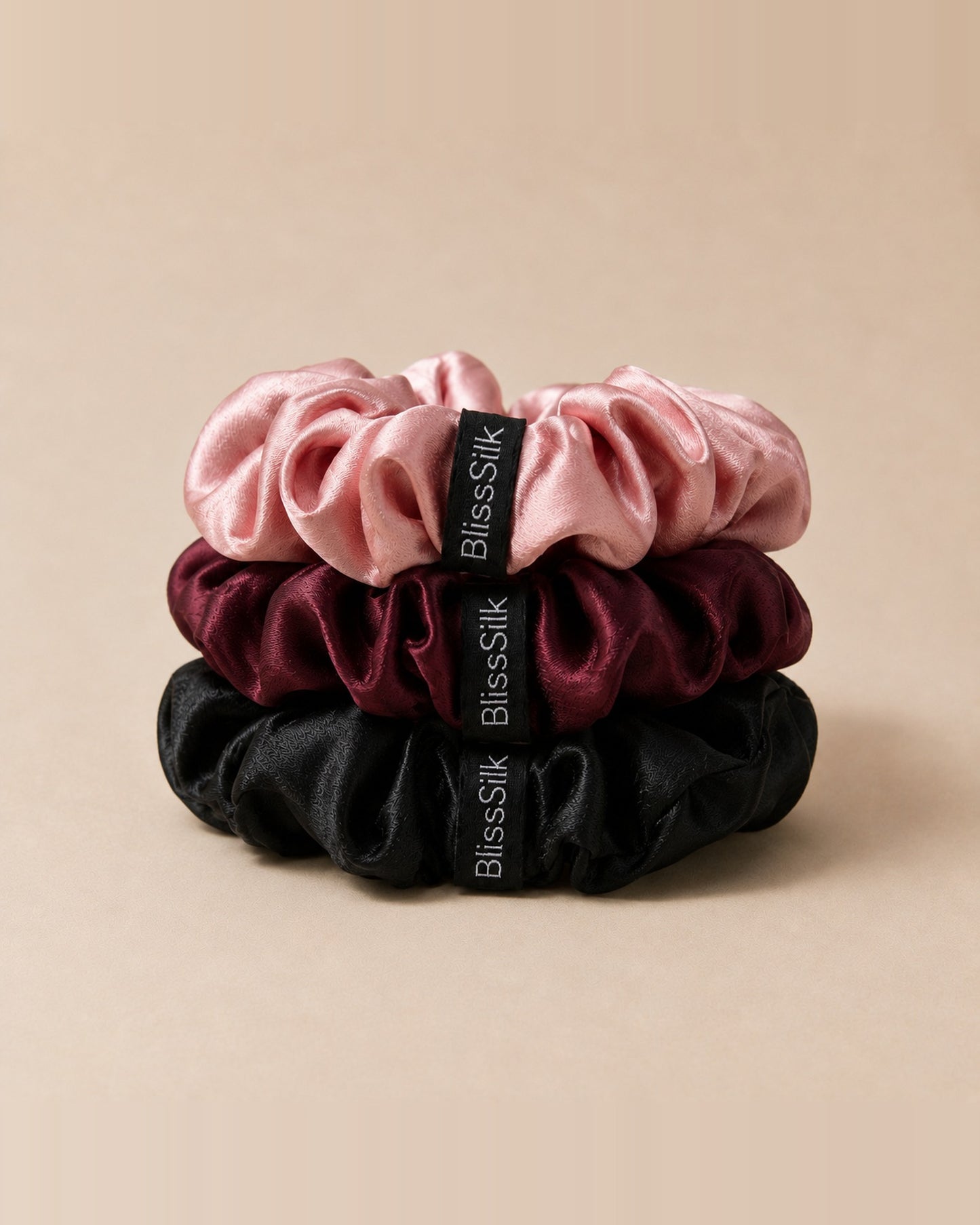 Silk Large Scrunchies Three Pack in Black/Wine/Pink — BlissSilk