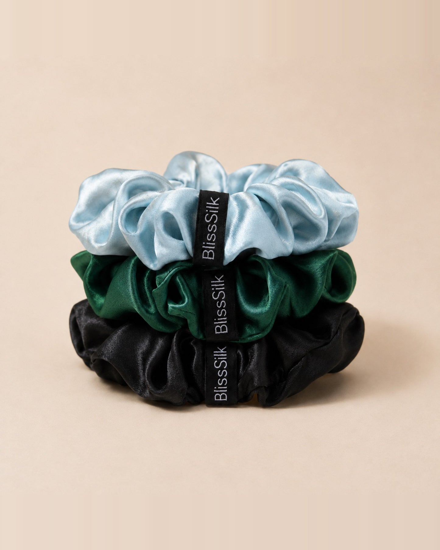 Silk Large Scrunchies Three Pack in Forest/Black/Sky — BlissSilk